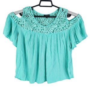 Women's A.N.A Turquoise Lace Yoke Top Blouse Short Sleeve Round Neck Size L